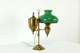 Victorian Antique Brass Student Desk Lamp, Green Shade, Electrified #40644