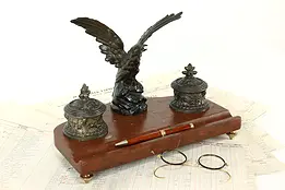 French Antique Red Marble Double Inkwell with Eagle Statue, Molette #40497