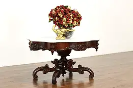 Victorian Antique 1860s Carved Walnut Coffee Table, Turtle Marble Top #39094