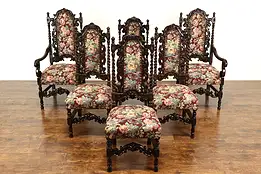 Set of 6 Black Forest Oak Antique Carved Dining Chairs, Floral Upholstery #40503