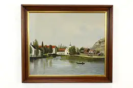 Fisherman & European Village Antique Original Oil Painting 28.5" #40446