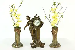 Art Nouveau Antique French 3 Pc Figural Sculpture Mantel Clock Set, Flora #38725