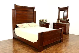 Victorian Eastlake Antique Carved Walnut 3 Pc Bedroom Set, Queen Size Bed #37591