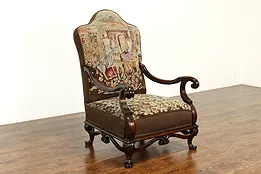 Renaissance Carved Antique Chair Worn Needlepoint Petit Point Upholstery #41047
