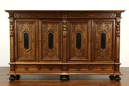 Renaissance Antique Dutch Oak China or Office Cabinet, Carved Figures #41105