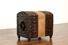 Swiss Carved Pine Antique Dowry Chest or Trunk, Leather & Brass Nailheads #40219