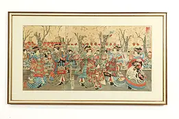 Japanese Antique Ukiyo-e Style Triptych Festival Woodblock Print, 20" #40347