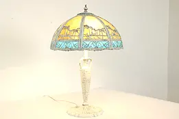 Stained Glass Curved 8 Panel Church & Palm Tree Shade Antique Lamp #40213