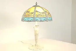 Stained Glass Curved 8 Panel Church & Palm Tree Shade Antique Lamp #40213