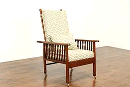 Oak Antique Morris Recliner Chair with Carved Spindles & New Upholstery #38208