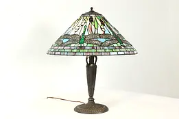 Tiffany Design Stained Leaded Glass Dragonfly Vintage Office Library Lamp #40837