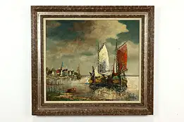 Sailboats in Harbor Cove Antique Original Oil Painting 41" Heirer #40834