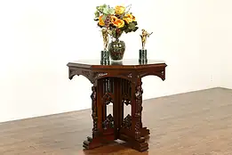 Gothic Oak Antique Octagonal Hall Center or Lamp Table, Carved Knights #40290