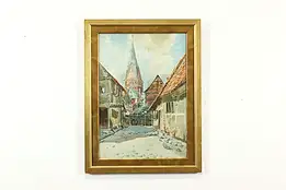 Village Street Scene Antique Original Watercolor Painting, Clusmann 28" #41062