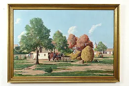 Farmyard with Horses & Wagon Vintage Original Oil Painting, Haerenczj 40" #41200