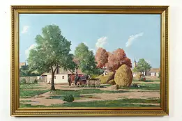 Farmyard with Horses & Wagon Vintage Original Oil Painting, Haerenczj 40" #41200