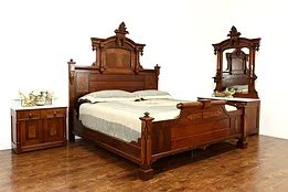Victorian Renaissance Antique Walnut & Marble 3 Pc Bedroom Set, King Size #38282