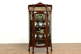 Victorian Antique Oak Curved Glass Curio, China Display Cabinet, Paw Feet #39514
