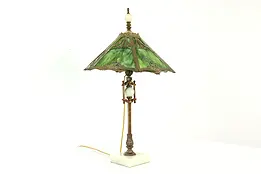 Neoclassical 6 Panel Stained Glass Shade Antique Desk Lamp, Onyx Base #40863