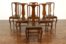 Set of 6 Antique Carved Oak Dining Chairs, Original Leather Seats #41130