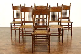 Farmhouse Set of 6 Victorian Antique Oak Pressback Carved Dining Chairs #40584