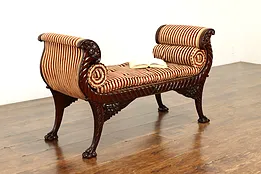 Empire Antique Carved Mahogany Hall, Boudoir or Window Bench, Old Velvet #41029