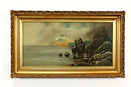 Rocky Shore at Sunset Antique Original Oil Painting, Potthast 44.5" #41196