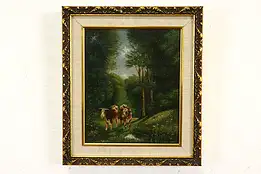 Cows Wandering in a Forest Antique Original Oil Painting Modern Frame 14" #40940