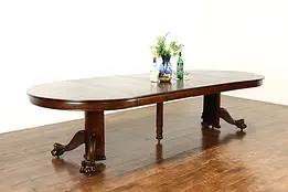 Round Oak Antique 52" Dining Table, 5 Leaves, Paw Feet, Extends 10' #38051