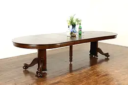 Round Oak Antique 52" Dining Table, 5 Leaves, Paw Feet, Extends 10' #38051