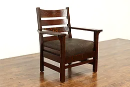 Arts & Crafts Mission Oak Antique Craftsman Leather Chair, Grand Rapids #41128