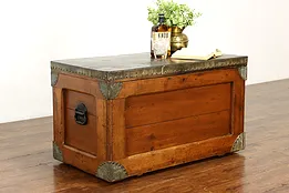 Farmhouse Antique Country Pine Trunk Blanket Chest, Coffee Table, Tin Top #41008