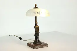 Bronze Cowherd Girl Antique Lamp, Marble Base, Frosted Cut Glass Shade #41144