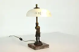 Bronze Cowherd Girl Antique Lamp, Marble Base, Frosted Cut Glass Shade #41144