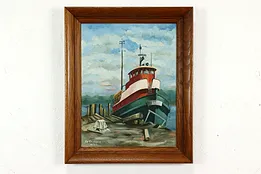 Tugboat at Harbor Dock Vintage Original Oil Painting, Krieger 22" #41261