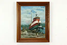 Tugboat at Harbor Dock Vintage Original Oil Painting, Krieger 22" #41261