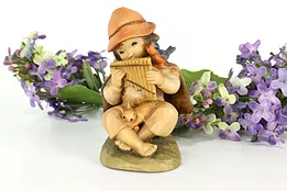 Hand Carved Vintage Young Boy Playing Pan Flute Alpine Sculpture Anri #41314