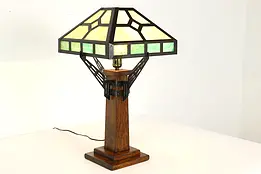 Arts & Crafts Mission Oak Antique Stained Glass Shade Office Desk Lamp #41232