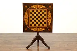 Chess or Checkers Vintage Marquetry Flip Top Game Table, Drink Coasters #41425