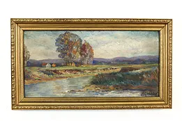Cottages Along a Riverbank Antique Original Oil Painting, Endicott 27.5" #40910