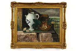 Still Life of Vase & Flowers Antique Original Oil Painting, Oldeman 25" #41348