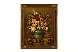 Still Life Roses & Fruit Antique Original Oil Painting 1923 Pascual 30" #40907