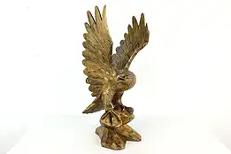 Eagle in Flight Statue Vintage Hand Carved Sculpture, Gold Finish  #41441