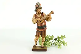 Swiss Hand Carved Vintage Folk Art Statue, Lute Player Sculpture #40950