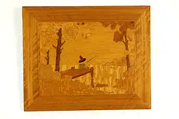 Boy Fishing Scene Vintage Marquetry Mahogany & Birdseye Plaque 16.5" #40919