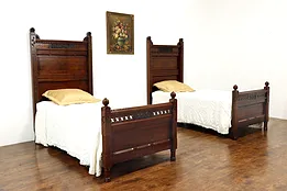 Pair of Victorian Eastlake Antique Carved Walnut & Burl Twin Single Beds #41323