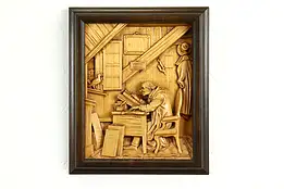 Scholar in Attic Reading German Vintage Carved Wall Plaque After Spitzweg #40955