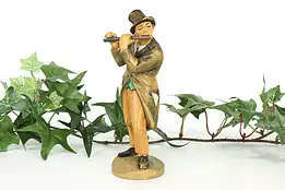 Man Playing Flute Hand Carved Vintage Alpine Sculpture #41577