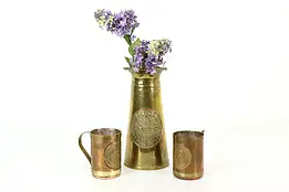 Copper & Brass Vintage Pitcher & 2 Mugs Set, Aztec Calendar Motif #41667