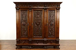 Italian Renaissance Antique Carved Walnut Armoire, Wardrobe or Closet #38557